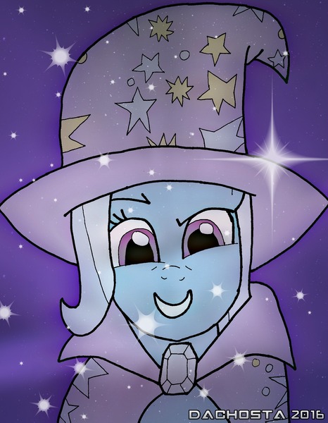 Size: 1685x2171 | Tagged: safe, artist:dachosta, derpibooru import, trixie, pony, unicorn, bust, cape, clothes, female, hat, looking at you, magic, mare, portrait, smiling, solo, sparkles, stars, trixie's cape, trixie's hat