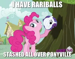 Size: 906x708 | Tagged: all new, ball, ball emergency, caption, derpibooru import, edit, edited screencap, hoof hold, hub logo, image macro, it's about time, meme, pinkie pie, rariball, rarity, safe, scavenger hunt, screencap, text