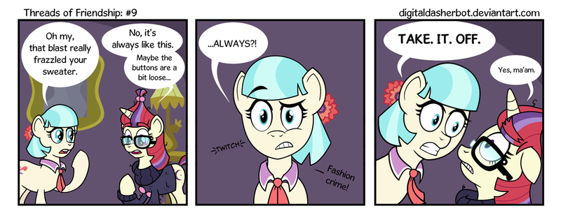 Size: 1200x472 | Tagged: artist:digitaldasherbot, coco pommel, comic, comic:threads of friendship, derpibooru import, eye twitch, gritted teeth, moondancer, safe, we don't normally wear clothes, wide eyes