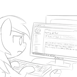 Size: 800x800 | Tagged: artist:unsavorydom, computer, crossover, derpibooru import, frown, jet fuel can't melt steel beams, lineart, monochrome, rainbow dash, safe, solo, sonic the hedgehog (series), vandalism, wikipedia