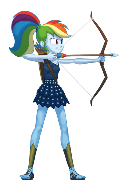 Size: 592x858 | Tagged: safe, artist:carnifex, derpibooru import, rainbow dash, equestria girls, aiming, archer dash, arrow, bow (weapon), bow and arrow, clothes, fanfic art, quiver, sandals, skirt, smiling, smirk, solo, weapon