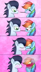 Size: 1024x1792 | Tagged: safe, artist:northlights8, derpibooru import, rainbow dash, soarin', pony, blushing, blushing profusely, cute, ear blush, embarrassed, female, food, kissing, male, pocky, pocky game, shipping, soarindash, straight