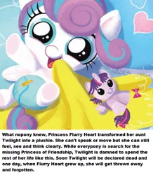 Size: 702x804 | Tagged: semi-grimdark, artist:amy mebberson, derpibooru import, princess flurry heart, twilight sparkle, twilight sparkle (alicorn), alicorn, pony, good night baby flurry heart, abuse, bad flurry!, dark, engrish, evil flurry heart, female, filly, i have no mouth and i must scream, inanimate tf, plushie, ponestrip, text, transformation, twilight sparkle plushie, twilybuse