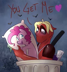 Size: 1280x1376 | Tagged: artist:dogg, banana peel, body pillow, crossover, crossover shipping, deadpool, derpibooru import, female, flies, male, pinkie pie, pinkiepool (pairing), safe, straight, trash can