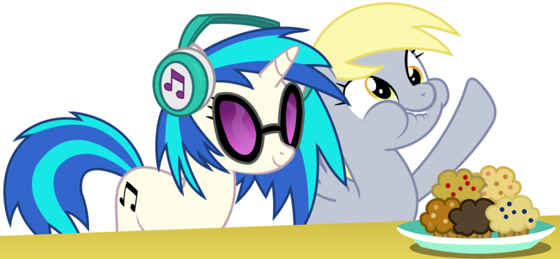 Size: 3700x1714 | Tagged: safe, artist:sketchmcreations, derpibooru import, derpy hooves, vinyl scratch, pegasus, pony, unicorn, no second prances, aweeg*, cutie mark, female, food, headphones, hooves, horn, inkscape, mare, muffin, plate, simple background, smiling, sunglasses, table, transparent background, vector, wings
