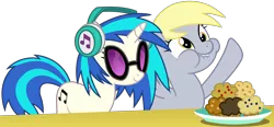 Size: 3700x1714 | Tagged: safe, artist:sketchmcreations, derpibooru import, derpy hooves, vinyl scratch, pegasus, pony, unicorn, no second prances, aweeg*, cutie mark, female, food, headphones, hooves, horn, inkscape, mare, muffin, plate, simple background, smiling, sunglasses, table, transparent background, vector, wings