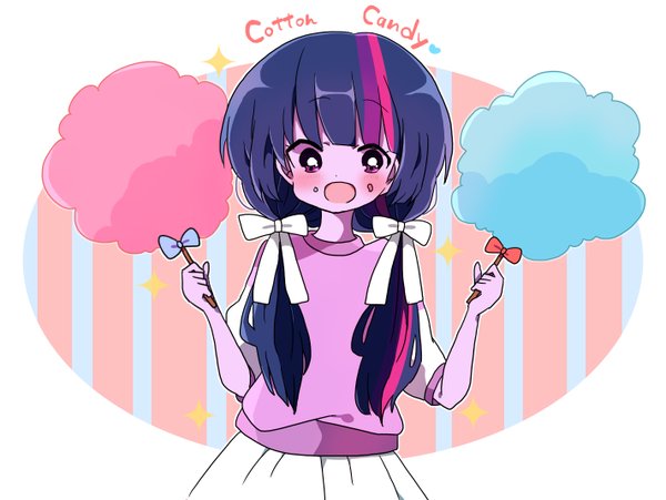 Size: 600x451 | Tagged: safe, artist:lotte, derpibooru import, twilight sparkle, twilight sparkle (alicorn), alicorn, human, equestria girls, clothes, cotton candy, cute, food, humanized, pigtails, solo, twiabetes