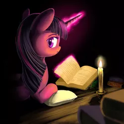 Size: 1024x1024 | Tagged: safe, artist:1nakir1, derpibooru import, twilight sparkle, twilight sparkle (alicorn), alicorn, pony, book, candle, dark, female, magic, mare, reading, solo, television