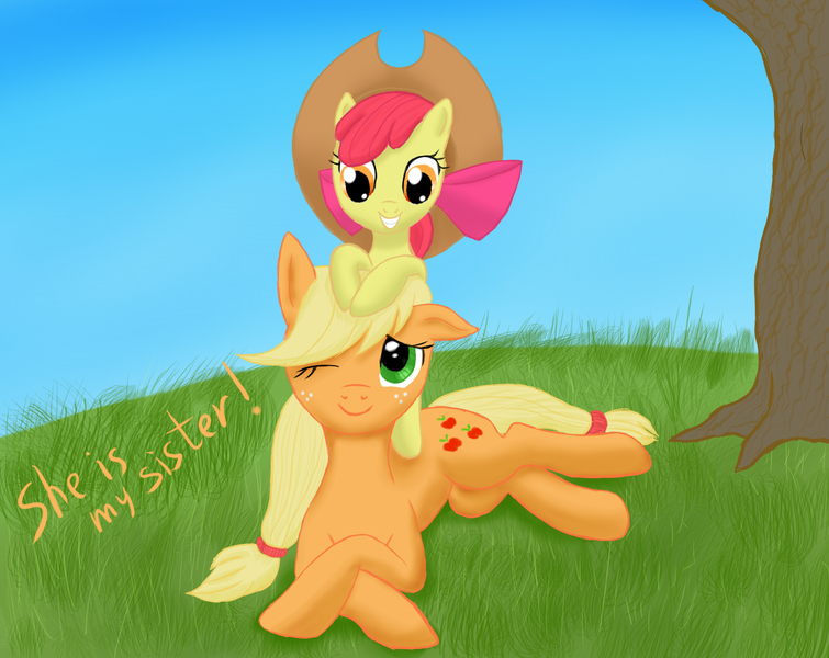 Size: 1313x1043 | Tagged: accessory swap, apple bloom, applejack, applejack's hat, artist:vasillium, cowboy hat, derpibooru import, hat, prone, safe