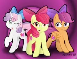 Size: 1280x976 | Tagged: safe, artist:sugarwings-art, derpibooru import, apple bloom, scootaloo, sweetie belle, adorabloom, apple bloom's bow, backwards cutie mark, bow, cute, cutealoo, cutie mark, cutie mark crusaders, diasweetes, hair bow, one eye closed, open mouth, the cmc's cutie marks, tongue out, wink