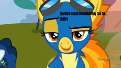 Size: 930x519 | Tagged: bedroom eyes, clothes, derpibooru import, discovery family logo, edit, edited screencap, newbie dash, nickname, safe, screencap, spitfire, spitfire's nickname, uniform, vulgar, wonderbolts uniform