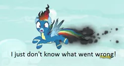 Size: 497x267 | Tagged: clothes, derpibooru import, discovery family logo, edit, edited screencap, funny, i just don't know what went wrong, newbie dash, rainbow dash, safe, screencap, singed, uniform, wonderbolts uniform