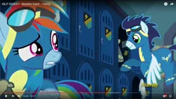 Size: 1600x900 | Tagged: safe, derpibooru import, screencap, rainbow dash, soarin', pony, newbie dash, clothes, discovery family logo, goggles, locker room, uniform, wonderbolts uniform, youtube