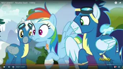 Size: 1600x900 | Tagged: safe, derpibooru import, screencap, misty fly, rainbow dash, silver lining, silver zoom, soarin', pony, newbie dash, bandage, clothes, discovery family logo, out of context, uniform, wonderbolts uniform, youtube