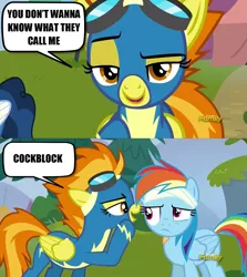 Size: 1279x1436 | Tagged: bedroom eyes, caption, clothes, derpibooru import, discovery family logo, edit, edited screencap, newbie dash, rainbow dash, screencap, spitfire, spitfire's nickname, suggestive, uniform, vulgar, wonderbolts uniform