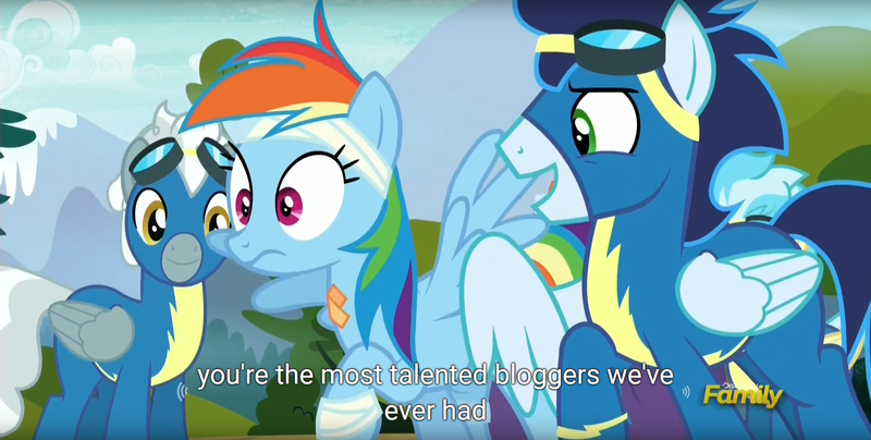 Size: 1920x970 | Tagged: safe, derpibooru import, edit, edited screencap, screencap, misty fly, rainbow dash, silver lining, silver zoom, soarin', pony, newbie dash, blogger, caption, clothes, discovery family logo, meme, uniform, wonderbolts uniform, youtube caption