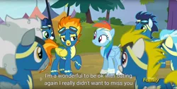 Size: 1920x970 | Tagged: safe, derpibooru import, edit, edited screencap, screencap, high winds, misty fly, rainbow dash, silver lining, silver zoom, soarin', spitfire, surprise, pony, newbie dash, bandage, caption, clothes, dating, discovery family logo, eye contact, implied lesbian, implied shipping, implied spitdash, lidded eyes, looking at each other, meme, open mouth, smiling, uniform, wonderbolts uniform, youtube caption