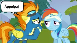 Size: 1279x719 | Tagged: safe, derpibooru import, edit, edited screencap, screencap, rainbow dash, spitfire, pegasus, pony, newbie dash, anneli heed, apple, apple pie, caption, clothes, dialogue, discovery family logo, female, food, image macro, mare, meme, pie, speech bubble, spitfire's nickname, swedish, swedish spitfire, text, uniform, wonderbolts uniform, äppelpaj