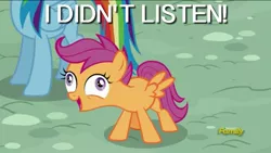 Size: 1280x720 | Tagged: caption, derp, derpibooru import, discovery family logo, edit, edited screencap, exploitable meme, faic, i didn't listen, image macro, meme, newbie dash, open mouth, rainbow dash, safe, scootaloo, screencap, smiling, text, wide eyes