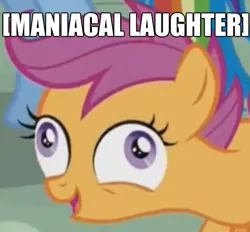 Size: 435x403 | Tagged: caption, derp, derpibooru import, descriptive noise, edit, edited screencap, exploitable meme, faic, i didn't listen, image macro, maniacal laugh, meme, newbie dash, safe, scootaloo, screencap, text, text edit