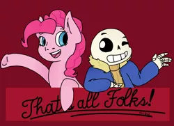 Size: 1024x742 | Tagged: artist:solosketcher, bone, derpibooru import, fourth wall, looney tunes, one eye closed, open mouth, pinkie pie, raised hoof, safe, sans pie, sans (undertale), simple background, skeleton, smiling, that's all folks, undertale, wink