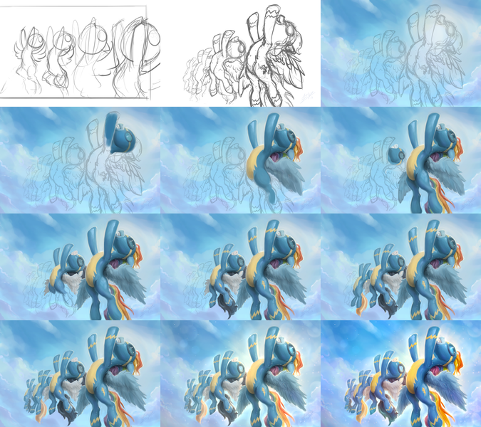 Size: 3600x3200 | Tagged: safe, artist:assasinmonkey, derpibooru import, rainbow dash, soarin', pony, newbie dash, clothes, flying, grin, painting, progress, scene interpretation, sketch, smiling, uniform, wip, wonderbolts, wonderbolts uniform