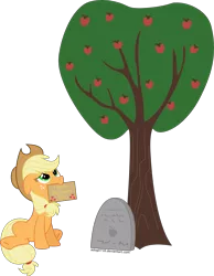 Size: 5543x7149 | Tagged: safe, artist:adog0718, derpibooru import, applejack, earth pony, pony, absurd resolution, apple, apple tree, applejack's parents, female, grave, gravestone, implied dead parents, mare, mother's day, mouth hold, sad, simple background, solo, transparent background, tree, vector