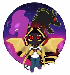 Size: 677x724 | Tagged: safe, artist:fallenangel5414, derpibooru import, aria blaze, siren, fanfic:the bridge, equestria girls, fanfic art, godzilla (series), kaiju human, kaiser ghidorah, keizer aria, keizer ghidorah