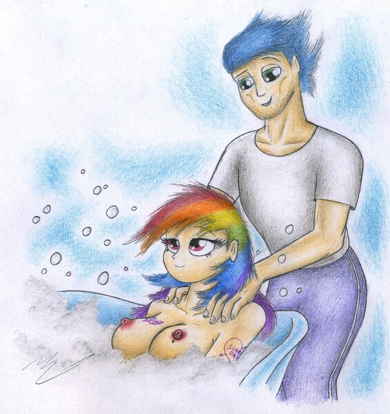 Size: 1956x2079 | Tagged: dead source, questionable, artist:sinaherib, derpibooru import, rainbow dash, soarin', human, bath, bathing, bathtub, breasts, busty rainbow dash, clothed male nude female, female, humanized, male, massage, nipple piercing, nipples, nudity, piercing, relaxing, shipping, soarindash, straight, tattoo, traditional art