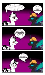 Size: 1024x1707 | Tagged: safe, artist:astroanimations, derpibooru import, oc, oc:berzie, unofficial characters only, changeling, pegasus, pony, comic:age (in)appropriate, broken english, comic, hard hat, hat, speech bubble