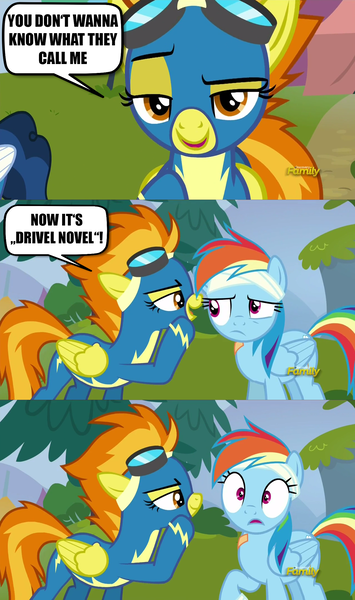 Size: 1276x2155 | Tagged: artist:szinthom, clothes, derpibooru import, discovery family logo, exploitable meme, literal, meme, newbie dash, rainbow dash, safe, screencap, spitfire, spitfire's nickname, theory, uniform, whisper, whispering, wonderbolts uniform