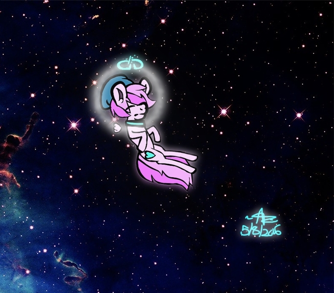 Size: 794x696 | Tagged: safe, artist:php39, derpibooru import, oc, oc:halo whooves, unofficial characters only, pony, angel, art, cyan, female, floating, halo, mare, pink', ponysona, sleeping, space, stars, wings