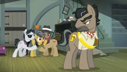 Size: 1280x720 | Tagged: safe, derpibooru import, screencap, biff, daring do, doctor caballeron, rogue (character), withers, earth pony, pony, daring don't, clothes, female, henchmen, male, mare, rings of scorchero, stallion