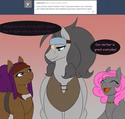 Size: 1079x1028 | Tagged: artist:lunis1992, ask the amazon mares, derpibooru import, female, mother, mother's day, oc, oc:fury, oc:glory forge, oc:warcry, safe, tumblr, unofficial characters only