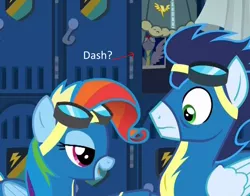 Size: 840x659 | Tagged: safe, derpibooru import, screencap, rainbow blaze, rainbow dash, soarin', pony, newbie dash, alternate hairstyle, clothes, locker room, photo, rainbow fash, uniform, wonderbolts uniform