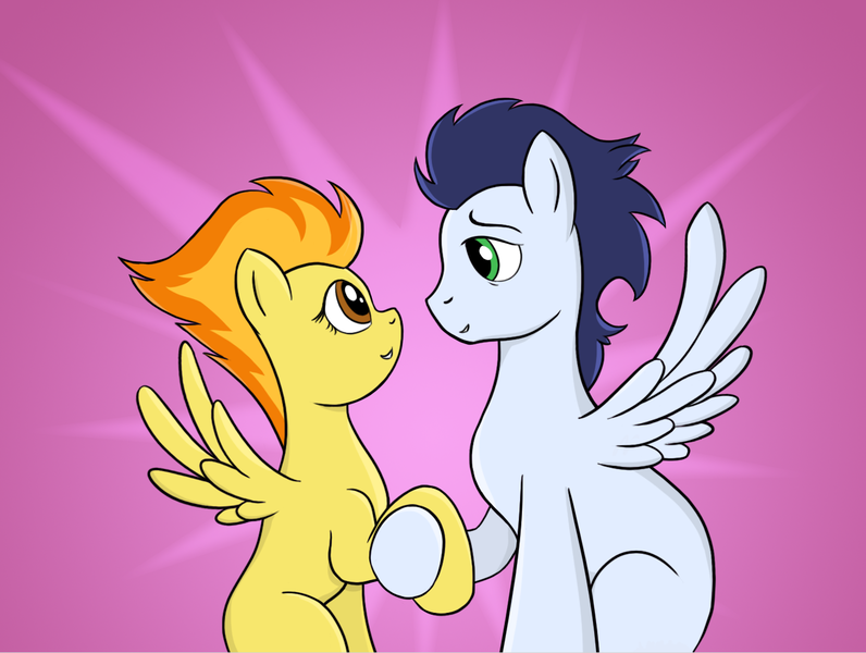 Size: 1332x1004 | Tagged: safe, artist:sirvalter, derpibooru import, soarin', spitfire, pony, cute, eye contact, female, looking at each other, male, missing cutie mark, shipping, soarinfire, spread wings, straight, wings