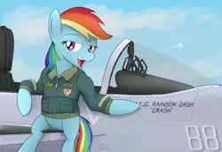 Size: 900x618 | Tagged: 20% cooler, artist:buckweiser, bomber jacket, clothes, derpibooru import, f/a-18 hornet, jacket, jet, jet fighter, newbie dash, pilot, pilot dash, plane, rainbow crash, rainbow dash, safe, solo, wonderbolts