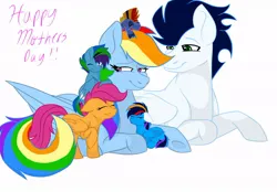 Size: 1024x713 | Tagged: safe, artist:colourstrike, derpibooru import, rainbow dash, scootaloo, soarin', oc, pony, adopted offspring, female, male, mother's day, offspring, parent:rainbow dash, parent:soarin', parents:soarindash, scootadoption, scootalove, shipping, soarindash, straight