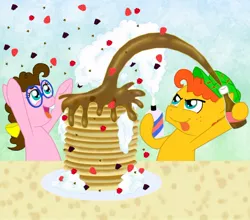 Size: 952x839 | Tagged: safe, artist:crazynutbob, derpibooru import, oc, oc:fudge fondue, oc:pizza pockets, unofficial characters only, pony, blackberries, breakfast, chocolate chips, food, mother's day, next generation, offspring, pancakes, parent:cheese sandwich, parent:pinkie pie, parents:cheesepie, raspberry (food), strawberries, syrup, toss, twins, whipped cream
