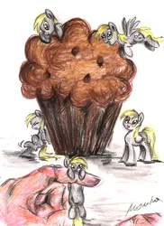 Size: 602x829 | Tagged: safe, artist:buttersprinkle, derpibooru import, derpy hooves, human, pony, clone, clones, derpies, food, giant muffin, hand, in goliath's palm, micro, muffin, multeity, tiny, tiny ponies, traditional art, unstoppable force of derp