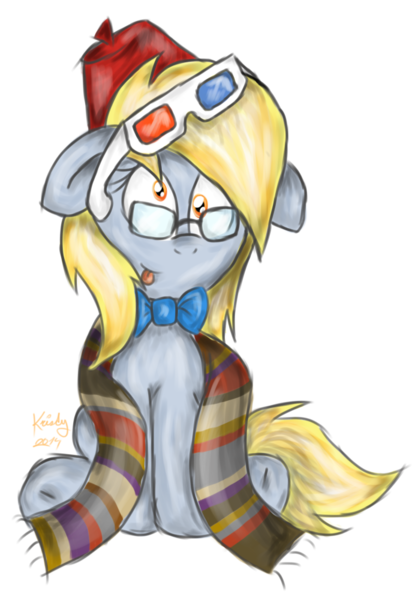 Size: 687x1000 | Tagged: safe, artist:kristysk, derpibooru import, derpy hooves, pegasus, pony, 3d glasses, clothes, doctor who, female, fez, fourth doctor's scarf, glasses, hat, mare, scarf, solo, tongue out