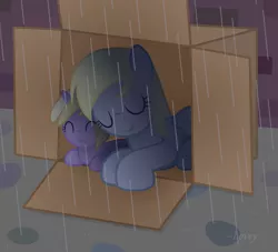 Size: 2605x2366 | Tagged: safe, artist:lil-lovey, derpibooru import, derpy hooves, dinky hooves, pegasus, pony, box, cute, equestria's best mother, eyes closed, female, mare, not homeless, pony in a box, rain, shelter