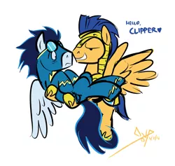 Size: 1024x971 | Tagged: safe, artist:bgn, derpibooru import, flash sentry, general flash, soarin', pony, newbie dash, altius volans, armor, bedroom eyes, carrying, clipper, clothes, crack shipping, embrace, explicit source, gay, heart, helmet, hug, husbando thief, male, nervous, royal guard, shipping, simple background, soarinsentry, spread wings, uniform, white background, wings, wonderbolts uniform