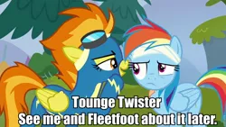 Size: 960x540 | Tagged: clothes, derpibooru import, edit, female, implied fleetfoot, lesbian, meme, misspelling, newbie dash, rainbow dash, screencap, spitfire, spitfire's nickname, suggestive, uniform, whispering, wonderbolts, wonderbolts uniform