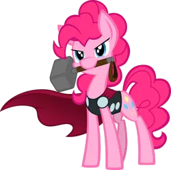 Size: 1024x1016 | Tagged: artist:agentkirin, cape, clothes, crossover, derpibooru import, frown, glare, hammer, mjölnir, mouth hold, pinkie pie, safe, simple background, solo, thor, transparent background, war hammer