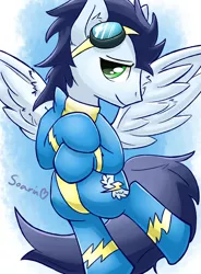 Size: 1400x1900 | Tagged: safe, artist:gamijack, derpibooru import, soarin', pegasus, pony, clothes, flying, male, solo, stallion, uniform, wonderbolts uniform