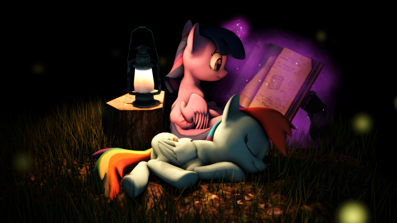 Size: 3840x2160 | Tagged: safe, artist:fioscrasher, derpibooru import, rainbow dash, twilight sparkle, twilight sparkle (alicorn), alicorn, firefly (insect), insect, pony, 3d, book, eyes closed, female, lamp, lesbian, magic, mare, prone, shipping, sleeping, source filmmaker, telekinesis, twidash