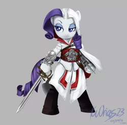 Size: 2550x2520 | Tagged: safe, artist:kvorias23, derpibooru import, rarity, pony, assassin's creed, bipedal, crossover, ezio auditore, solo, sword, weapon