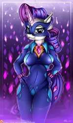 Size: 2160x3622 | Tagged: anthro, artist:neko-me, breasts, clothes, derpibooru import, female, hand on hip, magic, mask, patreon, patreon logo, power ponies, power ponies (episode), radiance, rarity, safe, signature, solo, superhero
