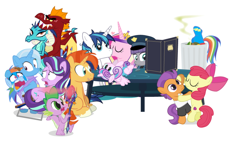 Size: 935x550 | Tagged: safe, artist:dm29, derpibooru import, apple bloom, boulder (pet), garble, maud pie, princess cadance, princess ember, princess flurry heart, rainbow dash, shining armor, spike, starlight glimmer, sunburst, tender taps, trixie, dragon, pony, unicorn, gauntlet of fire, newbie dash, no second prances, on your marks, the crystalling, the gift of the maud pie, backwards cutie mark, bandaid, beach chair, clothes, crossing the memes, cutie mark, dancing, emble, female, filly, garble's hugs, male, mare, meme, menu, now you're thinking with portals, portal, rainbow trash, shipping, straight, the cmc's cutie marks, the story so far of season 6, this isn't even my final form, trash can, uniform, wonderbolts uniform